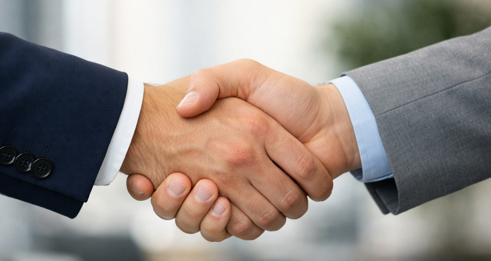 Close-up of two people shaking hands in business attire